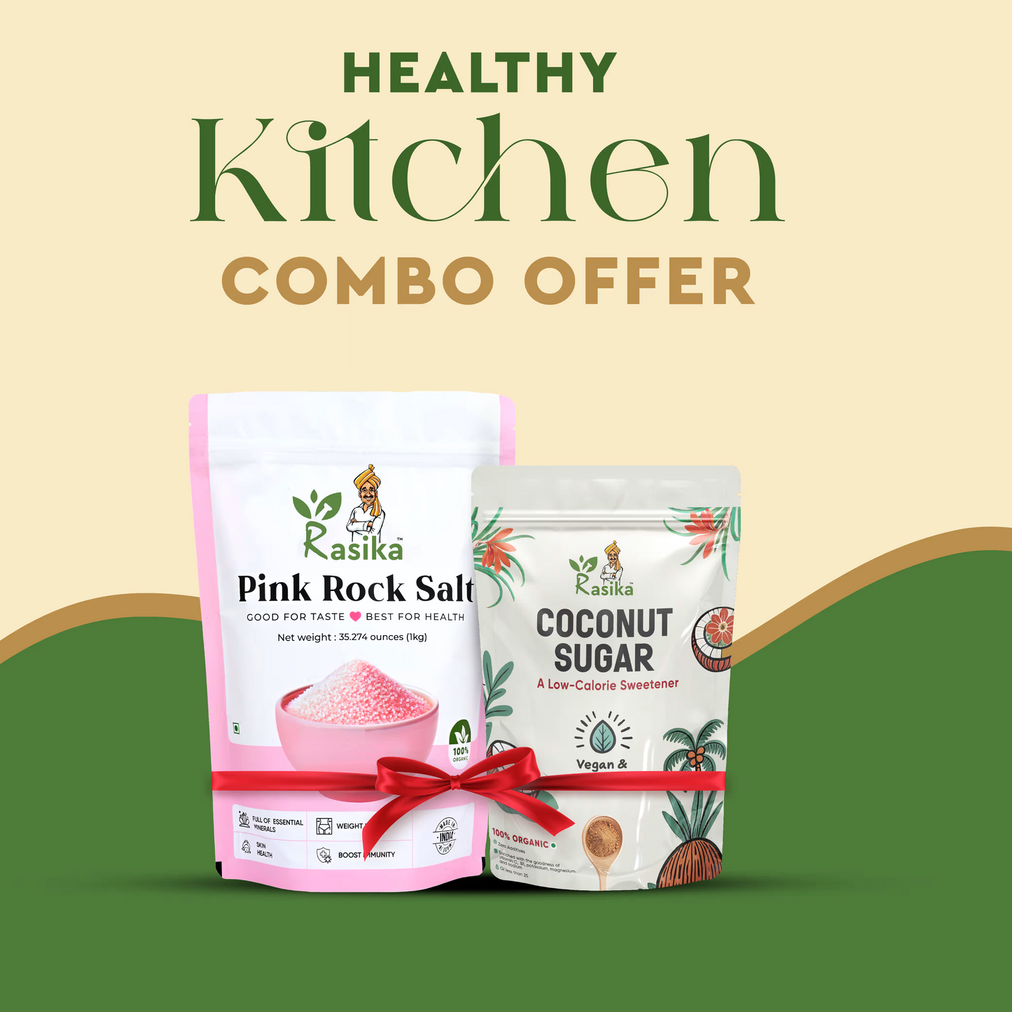 Two packages of Rasika Pink Rock Salt and Coconut Sugar on a beige and green background with 'Healthy Kitchen Combo Offer' text.